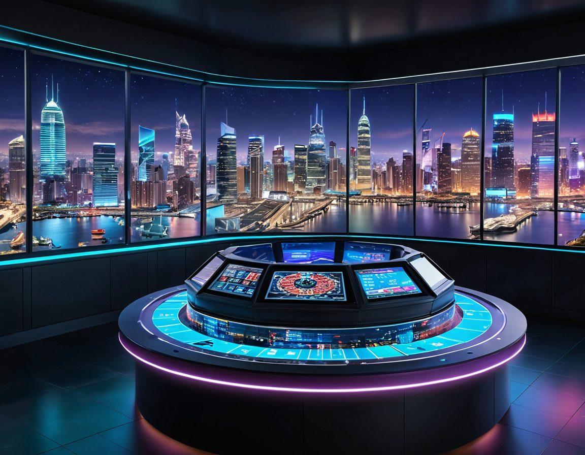 A futuristic digital betting landscape featuring a sleek, high-tech betting platform with holographic screens displaying odds and statistics. In the background, a vibrant city skyline illuminated by neon lights, symbolizing the integration of technology and gambling. Dynamic elements like floating digital coins and virtual betting chips create a sense of motion and excitement. Include an overlay of binary code and graphs representing data analysis. cyberpunk style. vibrant colors. 3D.