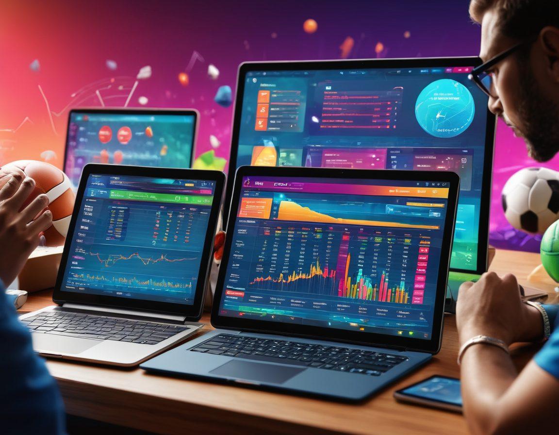 An engaging scene featuring a diverse group of people excitedly analyzing sports statistics on tablets and laptops, with a colorful backdrop of various sports equipment like footballs, basketballs, and racquets. In the foreground, a glowing chart with upward trends represents successful betting strategies. The atmosphere is lively and dynamic, embodying the thrill of sports wagering and the pursuit of insights. vibrant colors. 3D. digital art.
